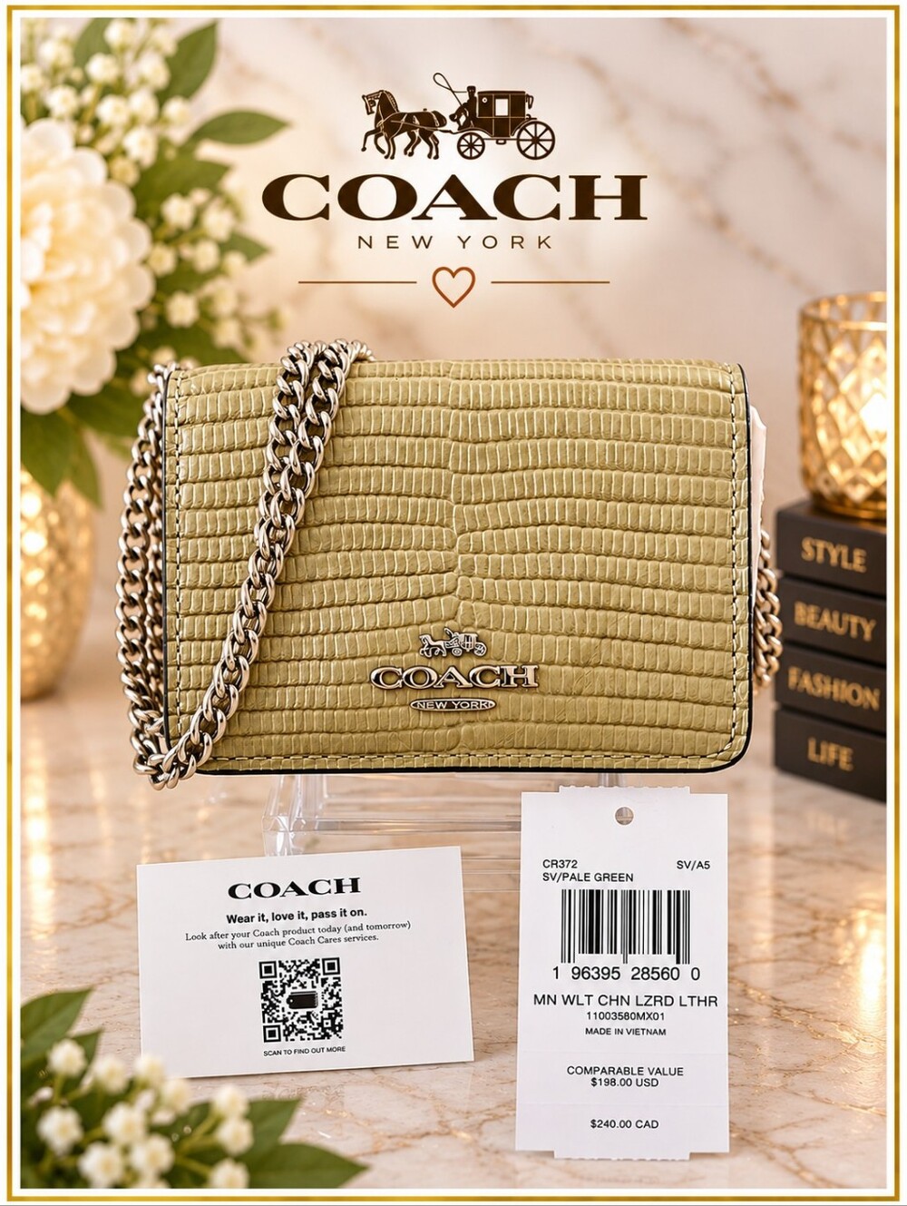 NWT Coach CR372 Pale Green Lizard Leather Mini Purse Wallet W Chain Strap